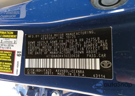 2026 Toyota Camry Le z USA, uszkodzony, nr VIN 4T1DAACK4TU220638